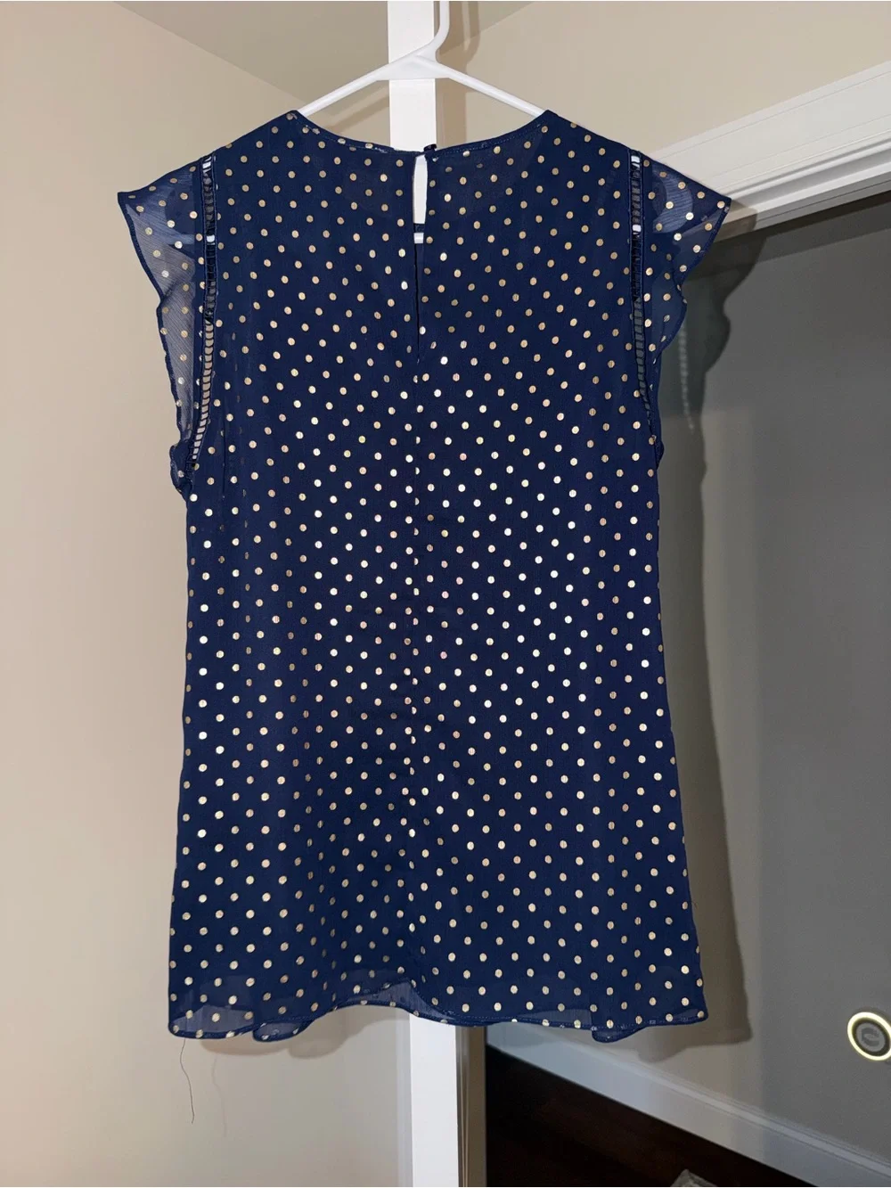 Michael Kors Navy Flutter Sleeve Blouse with Gold Polka Dots